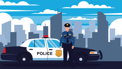 Modern vector illustration of police officer standing beside patrol car on city street, public safety and crime prevention concept © meeblues