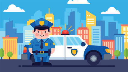 Modern vector illustration of police officer standing beside patrol car on city street, public safety and crime prevention concept © meeblues