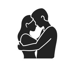 White silhouette icon of a man and woman facing each other on black background. Minimalist romantic symbol representing love, relationship, and connection. Vector illustration suitable for Valentine&rsquo;s