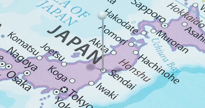 A zoom out of a white pin into sendai city of japan political map