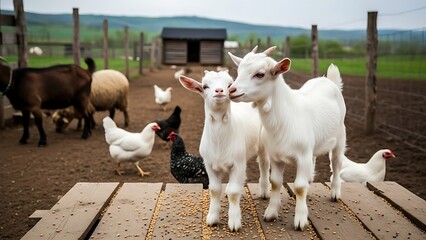 Obraz premium Two young goats stand close together on a wooden platform in a farmyard with other animals.