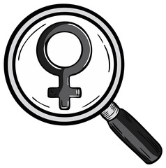 Magnifying glass with female symbol, gender studies concept illustration.
