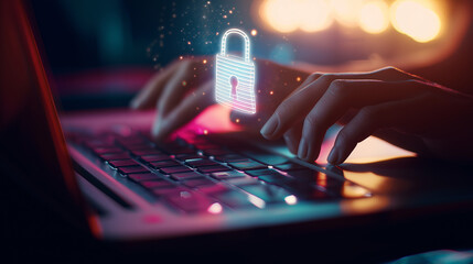 Security conscious individual typing on locked laptop, symbolizing data encryption, internet safety, cybersecurity concepts. Ideal for technology or data security concepts.