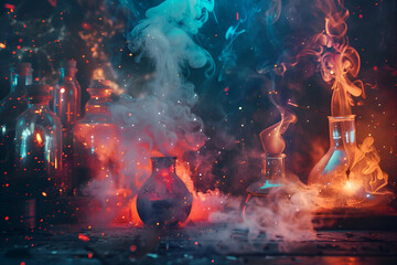 Mysterious workshop with glowing smoke and broken flasks - enigmatic magical atmosphere