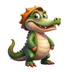 Fototapeta premium Cartoon crocodile character with orange cap. standing. in a video game. Adorable. friendly. game mascot in a jungle setting. Young virtual game character with casual clothing.