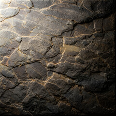 Fototapeta premium Dramatic lighting on a rough dark stone surface with intricate natural cracks and golden accents, ideal for backgrounds and textures.