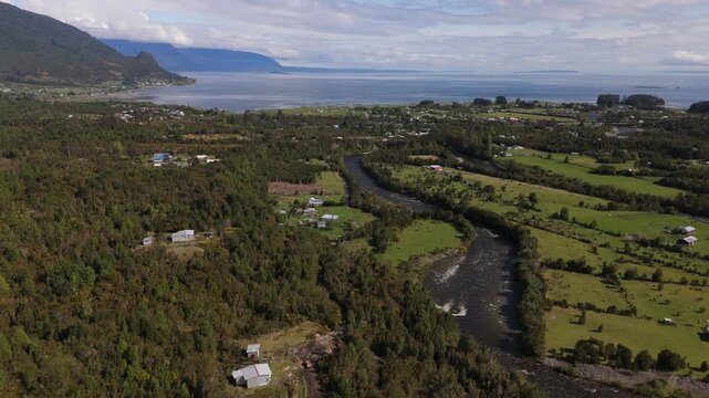 Panoramic Aerial View of River Valley and Mountains