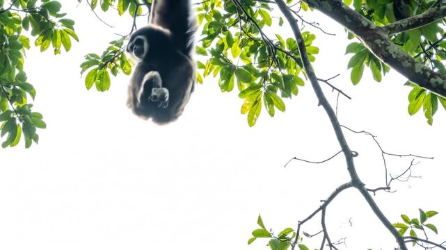 A primate hangs from tree branches, showcasing its elongated arms and distinctive fur. The bright sky forms the background