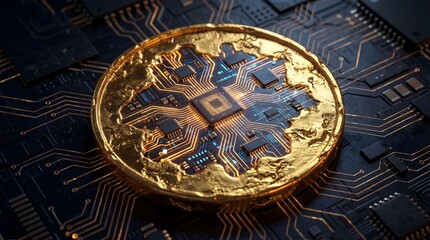 A gold cryptocurrency coin with a circuit board design on a dark background