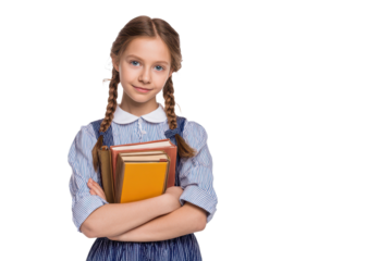 Young girl with braided hair holding books while standing and smiling in a bright setting