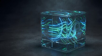A futuristic transparent cube with neon blue and green lines and a padlock on a dark background