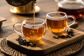 Two glass teacups being poured with tea on a wooden tray with loose tea leaves pouring liquid