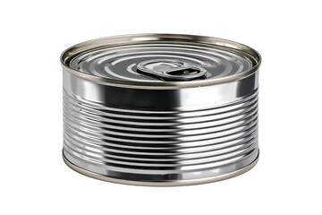 Metal can sits on white background showing pull tab and smooth surface for food storage