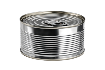 Metal can sits on white background showing pull tab and smooth surface for food storage