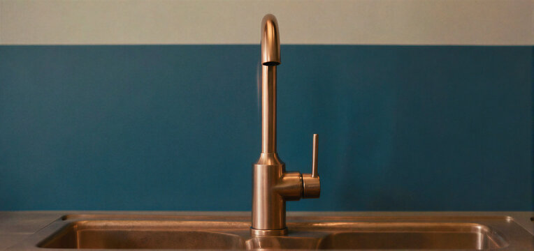 A modern stainless steel faucet mounted on a double sink with a blue backsplash.