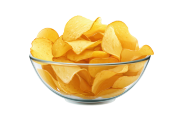 Bowl filled with yellow potato snacks arranged on a plain surface in a simple setting during daylight