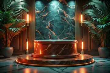Luxurious marble podium with warm lighting in elegant interior