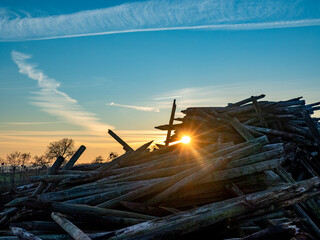 Ausgegrabene Weinbergspfähle auf einem Haufen am Abend
