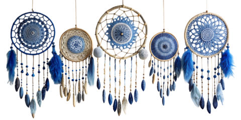 Blue and beige dreamcatchers with feathers isolated on a transparent background hanging