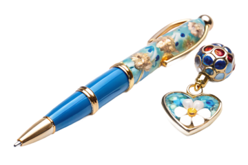 Blue pen with gold accents and floral charm on white background isolated on a transparent background
