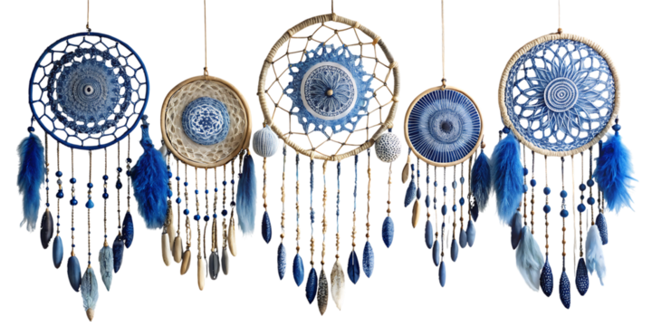 Blue and beige dreamcatchers with feathers isolated on a transparent background hanging - Powered by Adobe