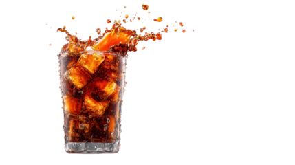 Refreshing drink with ice cubes splashing in a glass against a gray background in a well-lit setting