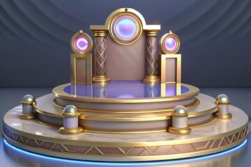 Luxurious gold and purple stage with glowing orbs and blue lights