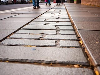 A tactile paving stone on a sidewalk, guiding pedestrians with visual impairments safely along their route,  urban path,  warning