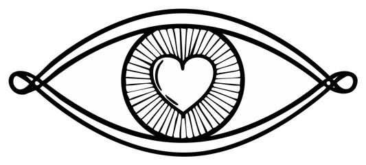 Stylized eye with heart shaped iris conveys love insight and perception