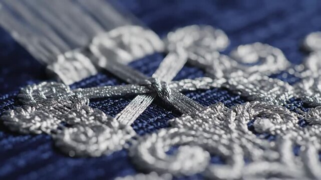 Intricate silver embroidery threads woven into luxurious blue fabric with stunning detail