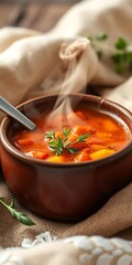 A steaming bowl of hearty soup, garnished with fresh herbs, evokes warmth and comfort on a chilly day,  spoon,  hearty