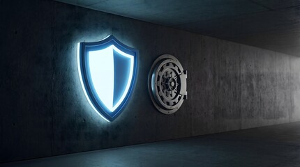 A glowing blue shield and a safe lock on a dark concrete wall representing security and protection