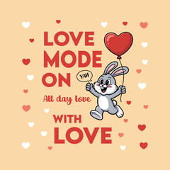 Cute bunny holding a heart shaped balloon with a love mode on illustration