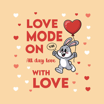 Cute bunny holding a heart shaped balloon with a love mode on illustration