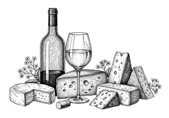 Meticulous black and white engraving still life illustration, showing textured wine bottle, stemmed glass, artisanal cheese, and delicate flowers, on a bright white background. Concept of
