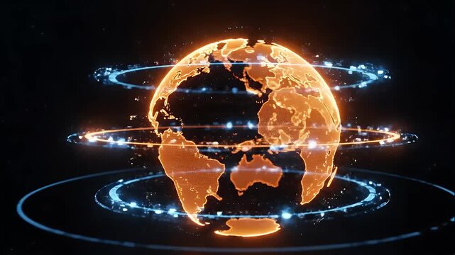 Futuristic digital Earth globe with glowing network rings