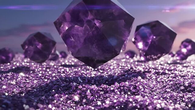Majestic amethyst crystal formations rising from a bed of sparkling purple minerals, showcasing natural beauty and ethereal glow