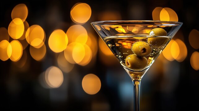 Close-up of a martini glass with green olives against blurred golden lights, representing bar atmosphere, nightlife, club culture, alcohol drinks, leisure and evening relaxation