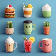 Flat food emoji and beverage illustration set