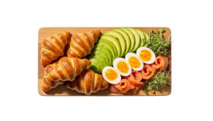 Wooden board with mini croissants, avocado slices, boiled eggs, salmon pieces, and microgreens isolated on transparent background