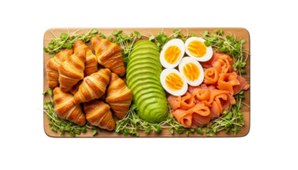 Wooden board with mini croissants, avocado slices, boiled eggs, salmon pieces, and microgreens isolated on transparent background