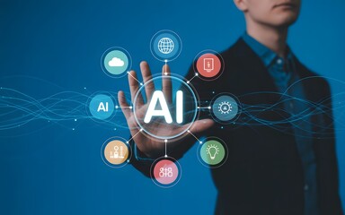 Hand touching AI digital technology interface