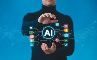 Man holding virtual artificial intelligence icon