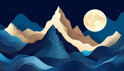  illustration of a blue sky with stars and a moon over a cold winter nature landscape featuring snow mountains, ice, and a calm night sea