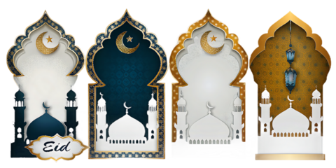 Eid Mubarak mosque silhouettes on white and gold backgrounds with crescent moons isolated on a transparent background