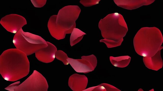 Red rose petals gently falling against a dark black background, creating a romantic and elegant visual.