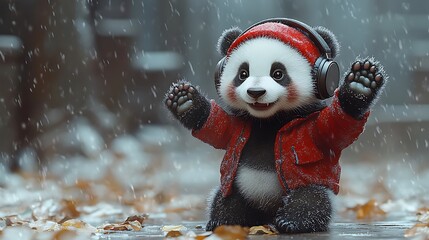 Panda bear wearing headphones in the rain