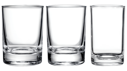 Different types of clear drinking glasses are placed in a row on a white background, showcasing various heights and shapes