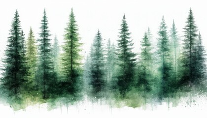  watercolor A serene morning landscape of a misty pine and fir evergreen forest with towering trees under a soft blue sky and distant snowy mountains