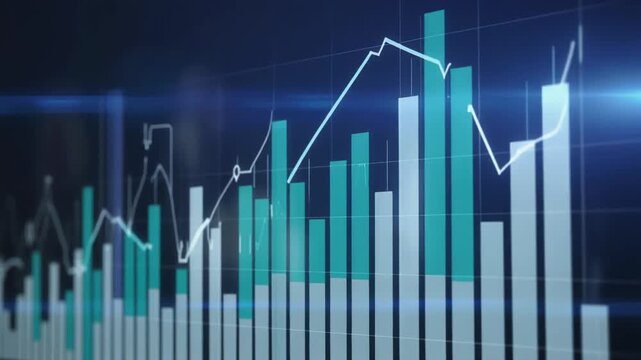 Digital financial chart displaying market trends with bar and line graphs on a dark background.